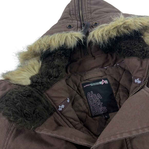 Vtg NOS Alpha Industries Canvas Bomber Hooded Flight Jacket Womens Size L Brown - Picture 5 of 9